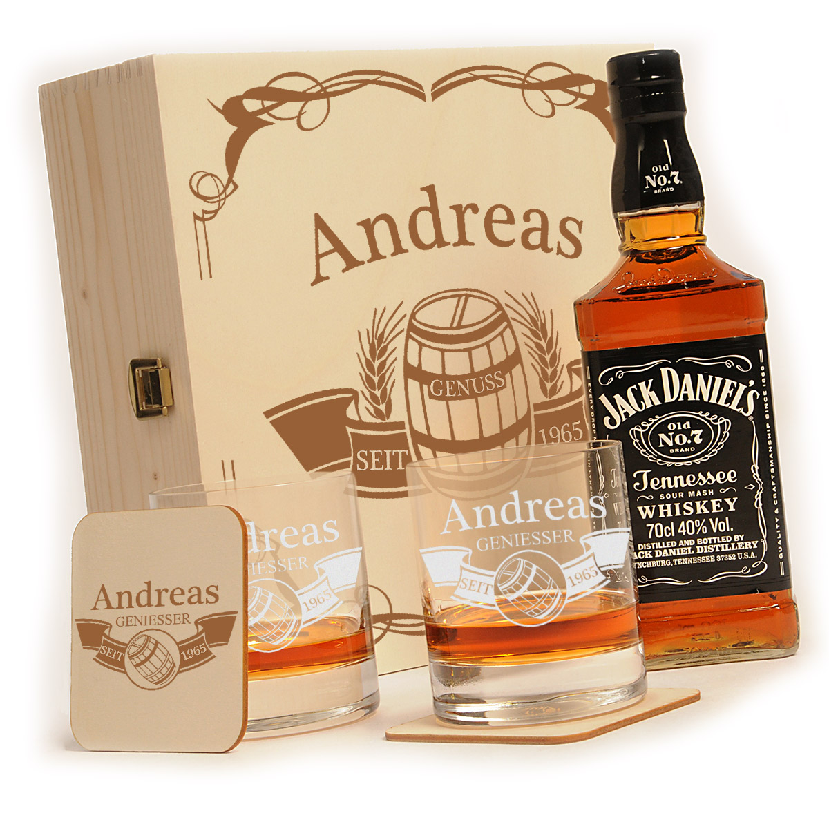 Holzkiste mit Jack Daniels No.7 6tlg. Whisky Geschenk