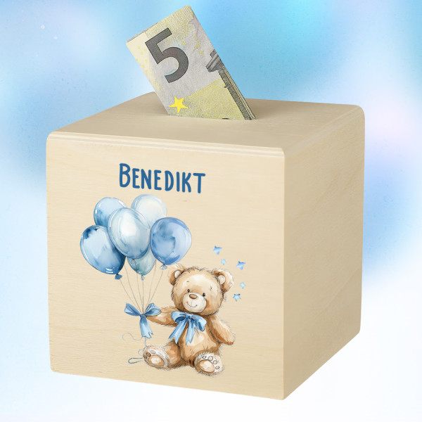 Kindgerechte Spardose aus Holz mit Teddy bedruckt - Personalisiertes Geschenk