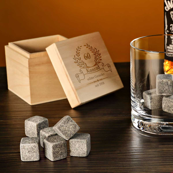 2-teiliges Whisky-Set Holzbox Whiskysteine inkl. Gravur