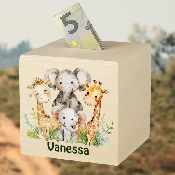 Geschenk Spardose aus Holz mit Tiersafari für Kinder - Ideal zum Geburtstag