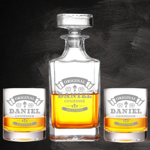 3-TLG Whisky Geschenkset Dekanter und 2x Whiskygläser mit Wunschgravur