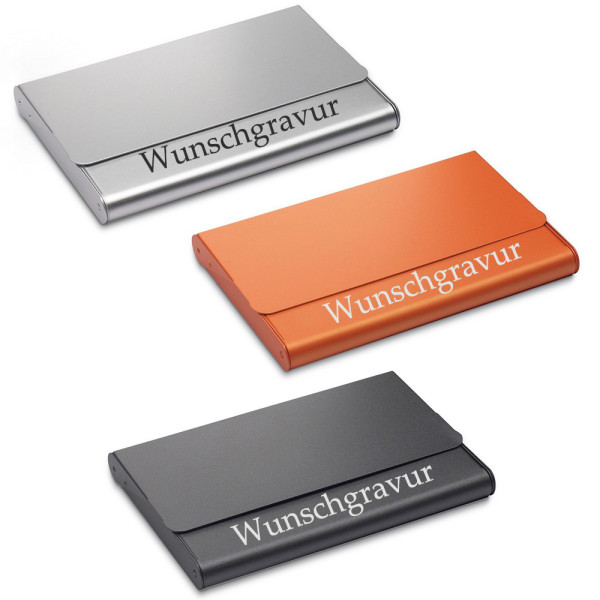 Visitenkartenetui Aluminium in schwarz/orange/silber inkl. Gravur