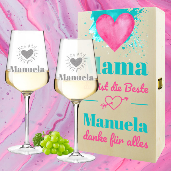 Weingläser und Holzkiste Geschenk-Set für Mama - Ideal zum Muttertag