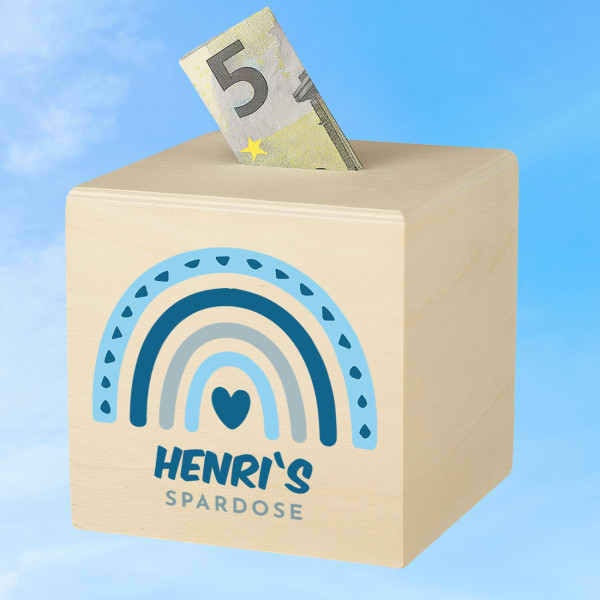 Holz Spardose für Jungen mit Regenbogen Blau personalisiert - Ideal als Geschenk