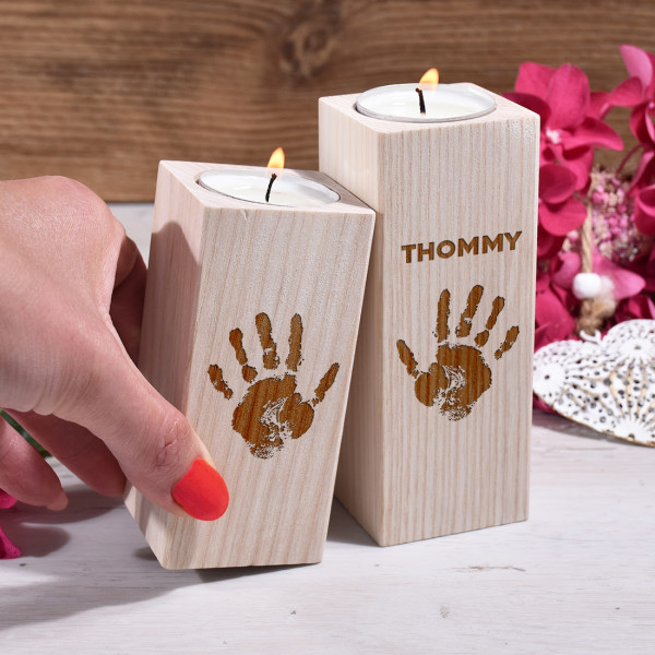 Teelichthalter Set mit personalisierter Wunschgravur für Mädchen und Jungen
