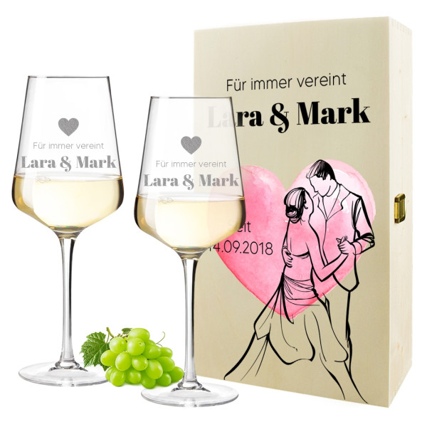 Wein-Set mit personalisiertem UV-Druck - Mit Gläser und Holzkiste - Ideal als Hochzeitsgeschenk