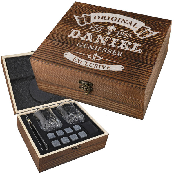 6-TLG Whisky Geschenkset - mit personalisierte Holzkiste - für Männer