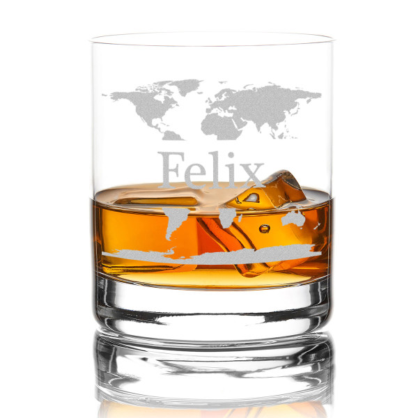 Whiskyglas mit Namens Gravur und Weltkarte