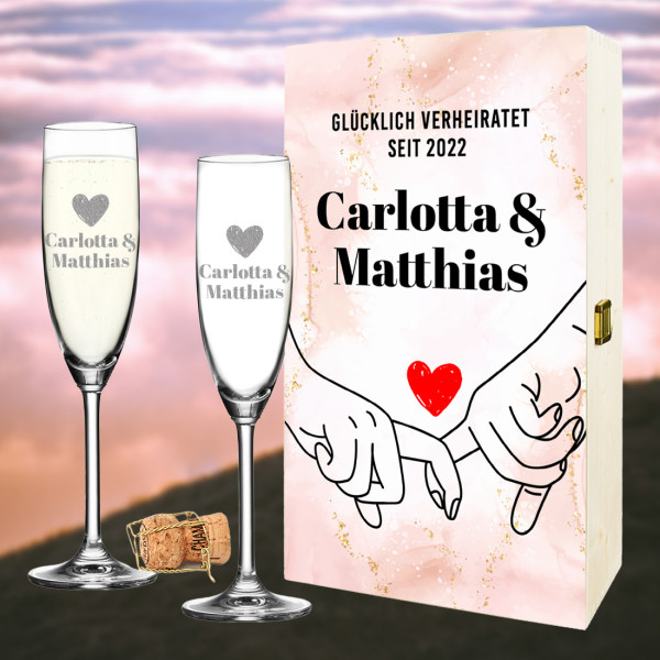 3-teiliges Sekt-Set Sektgläser und Geschenkbox mit UV-Druck zur Hochzeit
