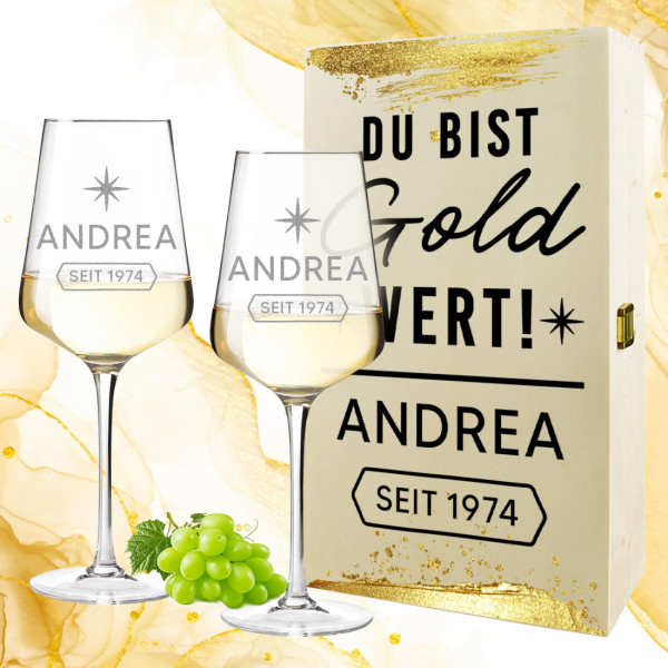 Weingläser und Holzbox Wein-Set mit individuellem UV-Druck