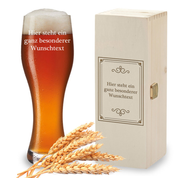 Weizenbierglas + Holzkiste mit Wunschgravur - Geschenk für Männer