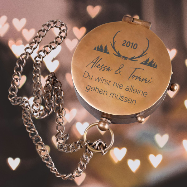 Metall Kompass in Bronze mit Gravur zur Hochzeit