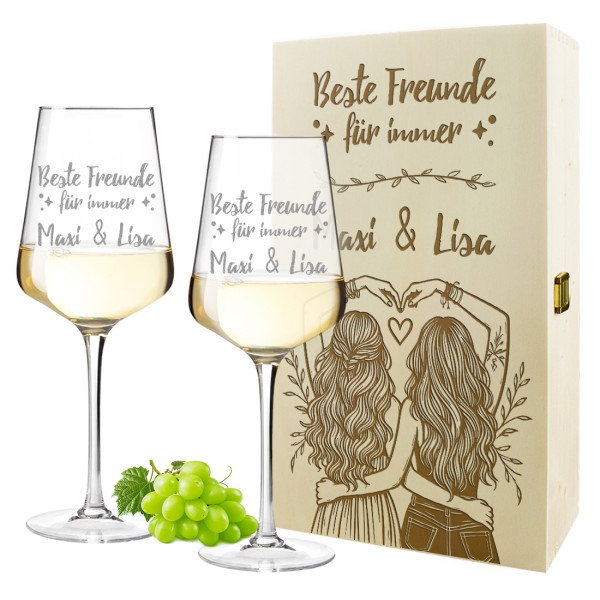 Weinglas Geschenk-Set mit Holzkiste für Frauen - Mit Gravur personalisiert