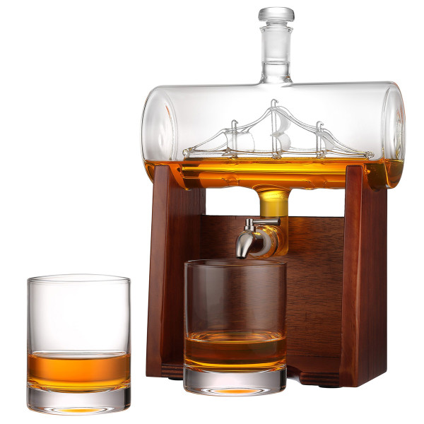 Whisky-Dekanter 1000ml mit Segelschiff 2 Whiskygläser 320ml und Holzständer