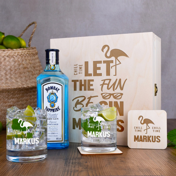 6-TLG Gin Geschenkset Holzkiste, Gläser und Gin Flasche