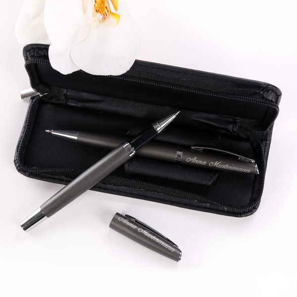 Geschenk Schreibset Lando inkl. Gravur im Leder-Etui ( Farbe - Grau )