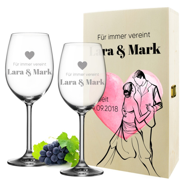 Wein-Set 3-teilig Weingläser und Holzkiste mit UV-Druck - Geschenk Hochzeit