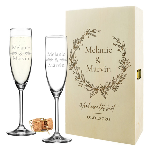 Sekt-Set mit Sektgläser und Holzkiste - Personalisiertes Geschenk - Ideal zur Hochzeit 
