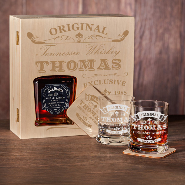 Whiskyset personalisiert mit Jack Daniels und Holzkiste