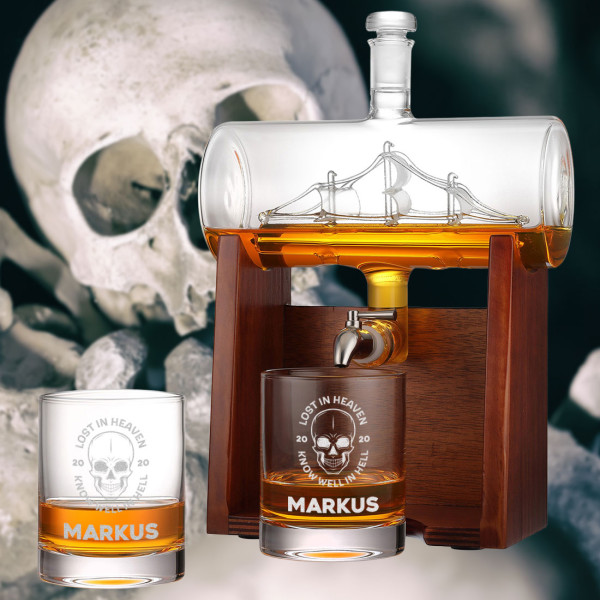Whisky Karaffe Set mit Motiv Gravur Totenkopf - Geschenk zum Jubiläum - Für Männer