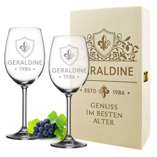 Wein-Set Holzkiste und Weingläser mit personalisierter Gravur - Ideal zum Geburtstag & Jubiläum