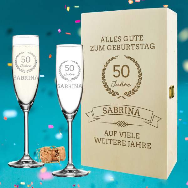 Sektgläser und Holzbox mit Wunschgravur - Geschenk für Sie und Ihn