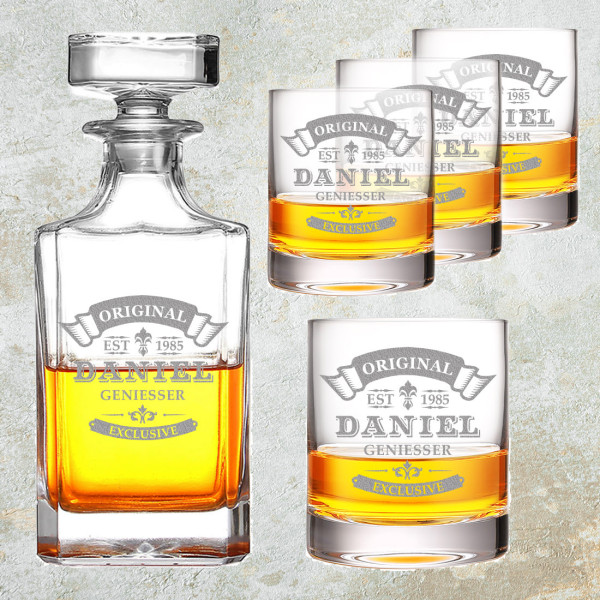 Dekanter + Whiskyglas mit personalisierter Wunschgravur - Geburtstag