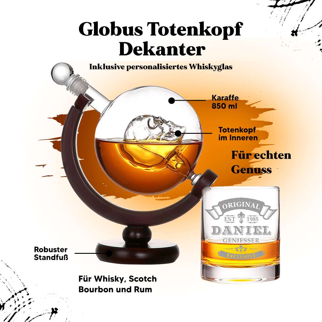 Polar-effekt Whisky Barrel Set - Personalisierte Karaffe 1L + 2 Gläser 320ml Mit Gravur