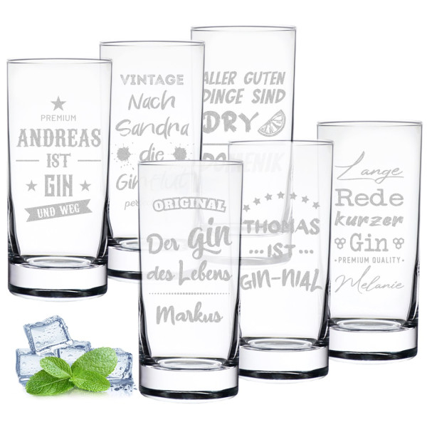 Gin Glas 6er-Set mit personalisierter Wunschgravur - Geburtstagsgeschenk