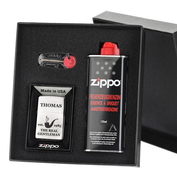 3-tlg. Zippo Sturmfeuerzeug-Geschenkset inkl. Gravur Motiv Real Gentleman