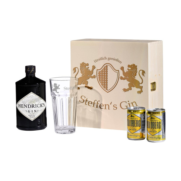 Geschenkset Holzkiste Gin-Tonic Glas und Tonic Water