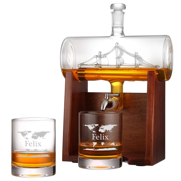 Personalisiert Whisky-Dekanter 1000ml mit Segelschiff 2 Whiskygläser 320ml und Holzständer