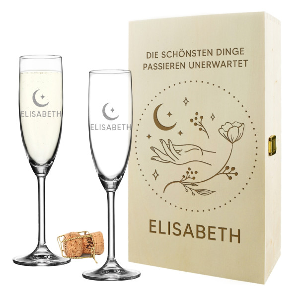 Geschenkset Sektgläser und Holzbox mit personalisierter Gravur - Sekt-Set zum Geburtstag