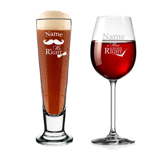 Bierglas und Weinglas mit Gravur - Mr. & Mrs. Always Right