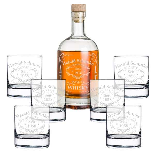 7-tlg. Whisky Geschenkset Flasche 6x Gläser inkl. Gravur