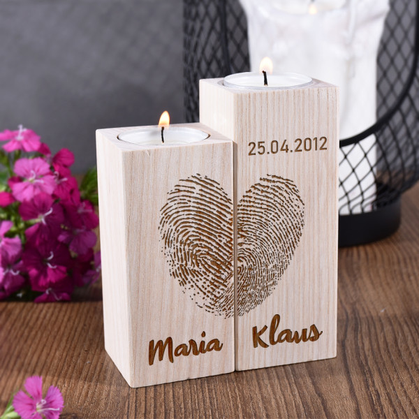 Teelichthalter Holz 2er-Set mit personalisierter Wunschgravur zur Hochzeit  | polar-effekt