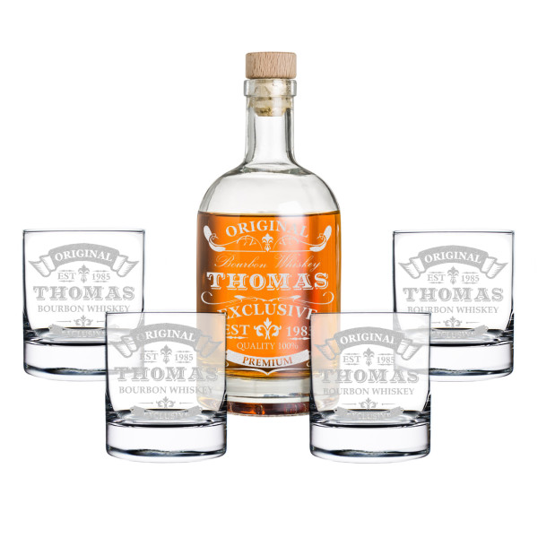 5-tlg. Whisky Geschenkset Flasche 4x Gläser mit Gravur