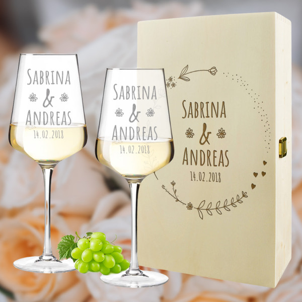 Wein-Set 3-teilig mit Gläser und Holzkiste - Hochzeitsgeschenk für Paare
