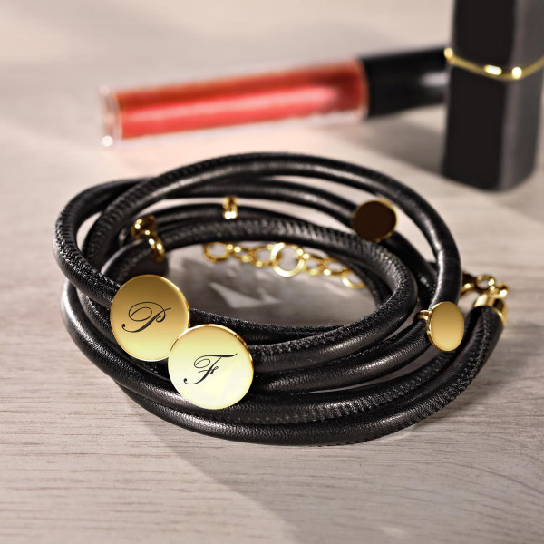 Elegantes Leder Wickelarmband schwarz-gold mit Geschenketui inkl. Gravur